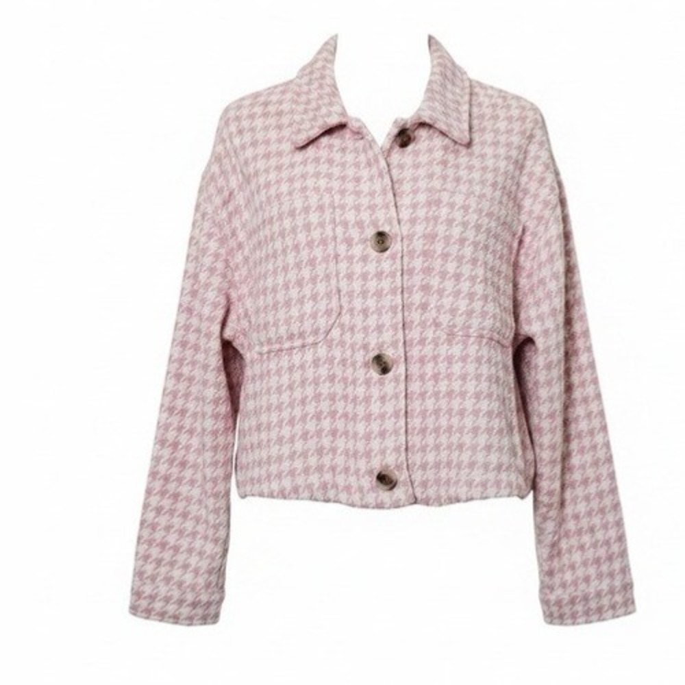 Stoosh Girly Clueless NWT XL Pink Houndstooth Wool Blend Crop Blazer Jacket